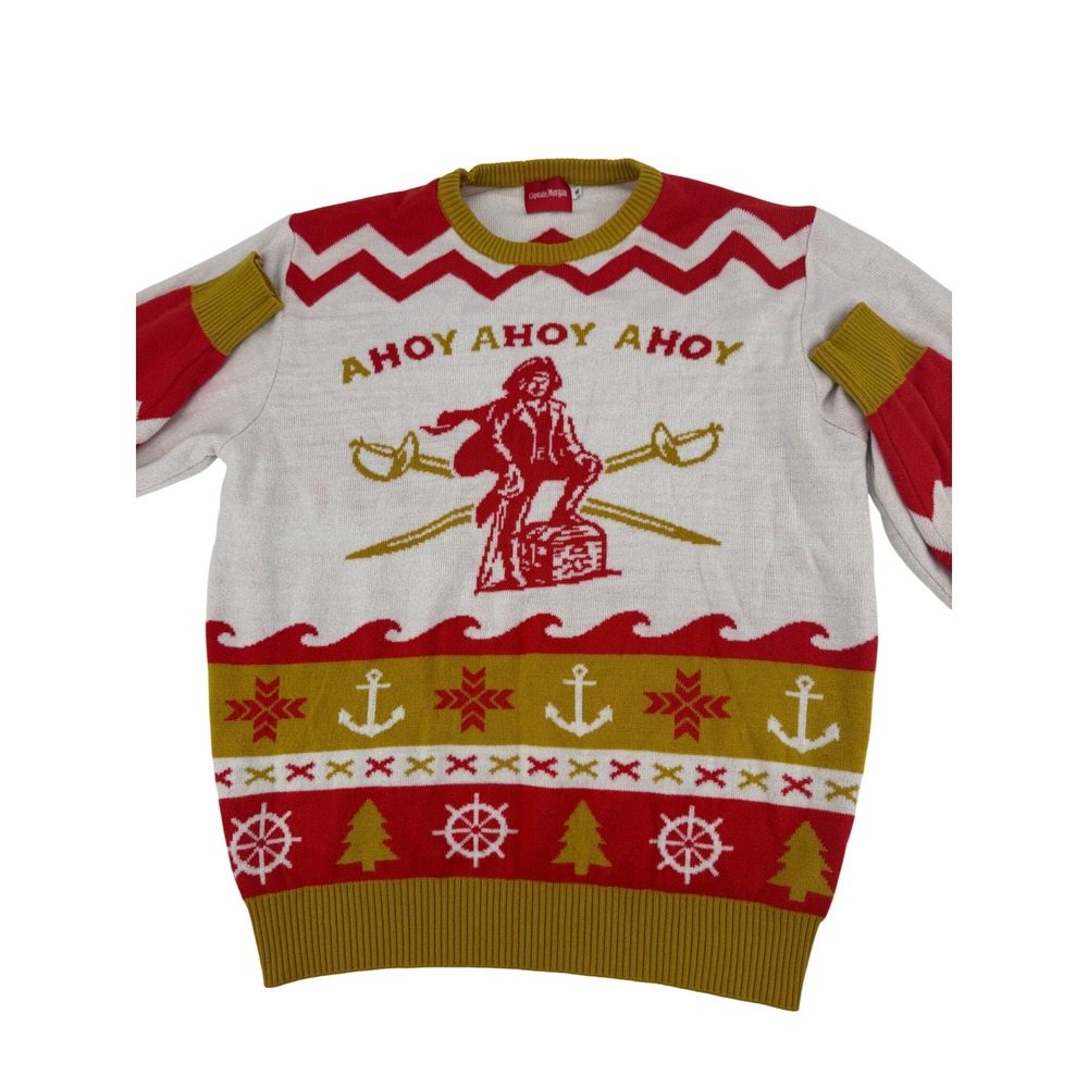 Captain Morgan Sweater Mens XL White Red Gold Ahoy Pirate Holiday Graphic Knit